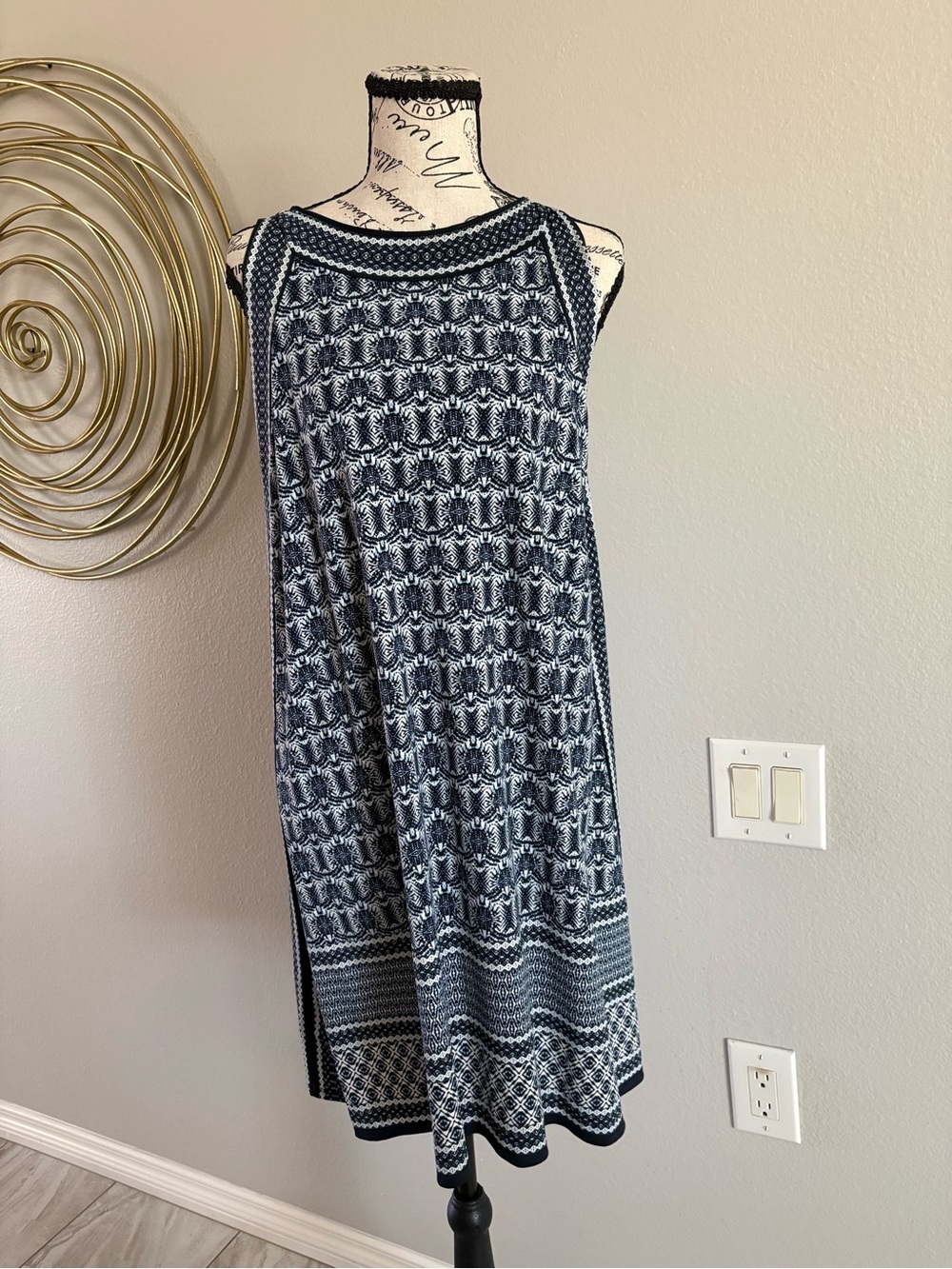 Max Studio Navy and White Geo Midi Shift Dress